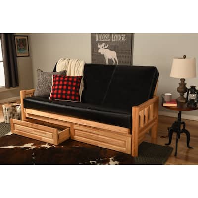 Somette Lodge Storage Futon Set in Natural Finish with Faux Leather Mattress