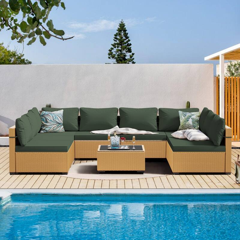Patio Watcher Patio Conversation Set 9-Piece Yellow Wicker Sectional Seating Group with Cusions