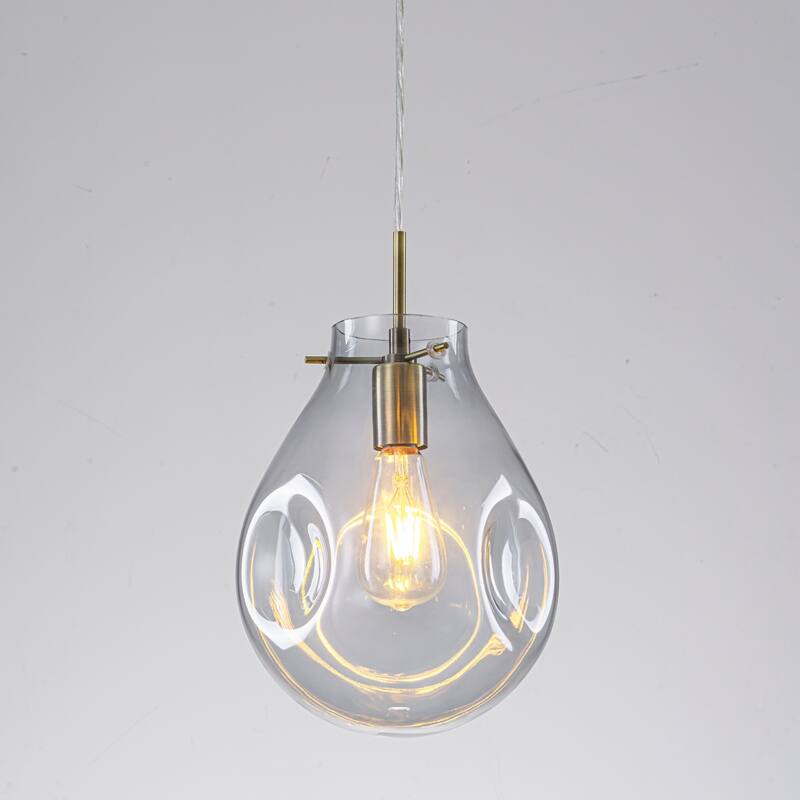 1-Light Unique Antique Bronze Teardrop Design Adjustable Pendant Light with Hand-Blown Blue Glass for Kitchen Island - Blue/Gold - 8.7 in. W x 14.6 in. H x 8.7 in. D