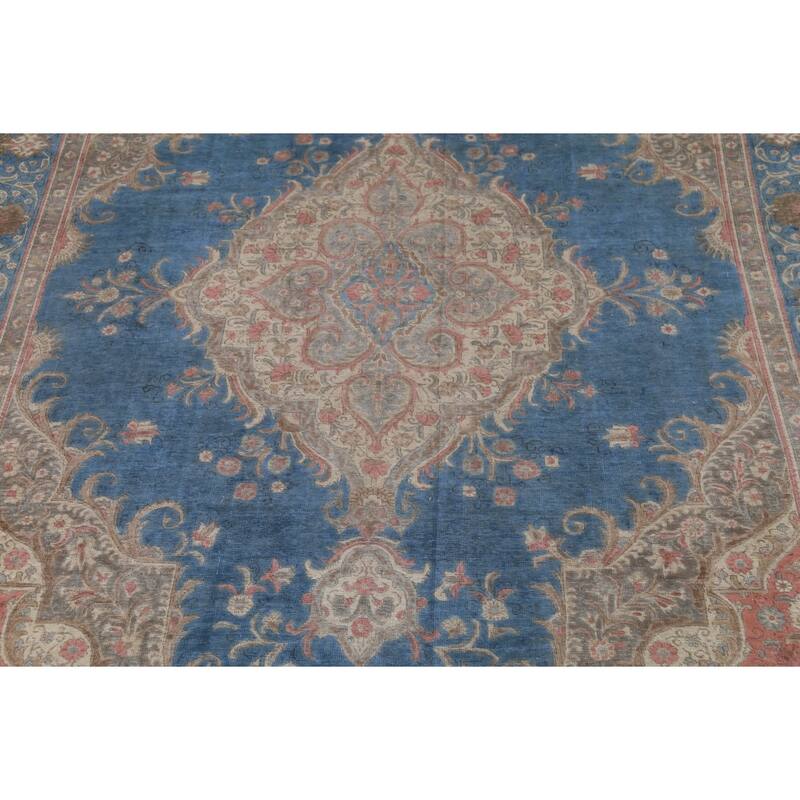 Distressed Tabriz Persian Vintage Rug Hand-Knotted Blue Wool Carpet - 10'0"x 13'4"