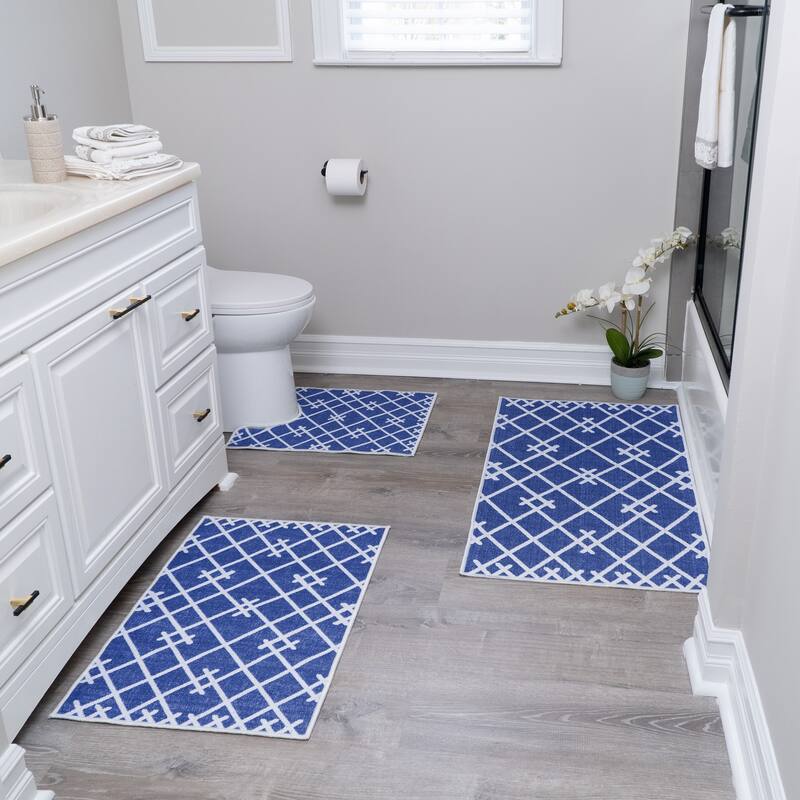 Geometric Design 3 Piece Bathroom Rugs Set - Non-Slip Ultra Thin Bath Rugs for Bathroom Floor - Washable Bathroom Mats Set - Geometric-Navy