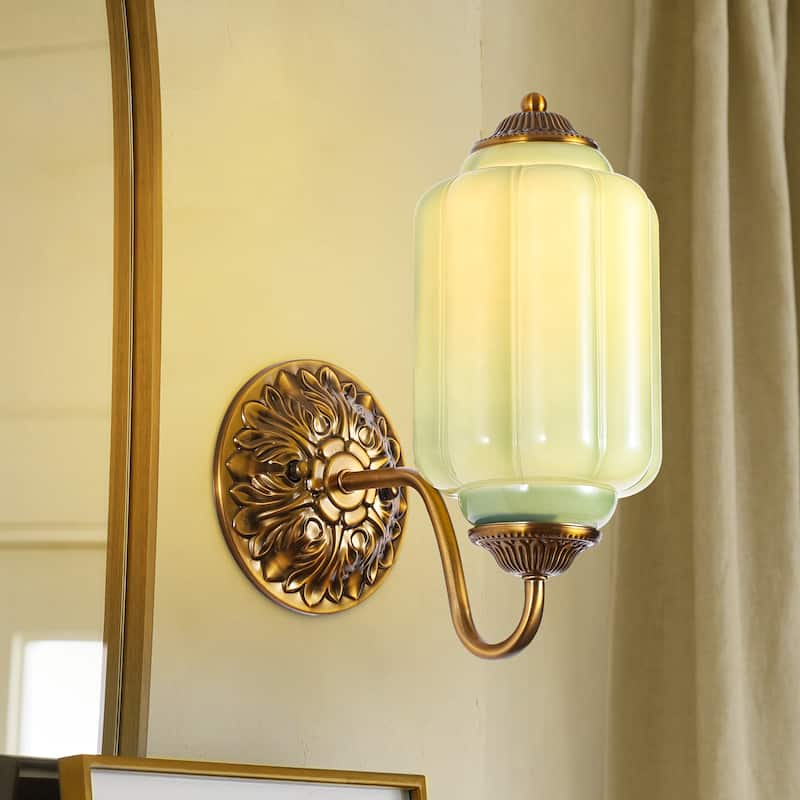 1-Light Vintage Aged Antique Brass Finish Lantern Shaped Wall Light with Milk/Green Glass for Bedroom, Hallways