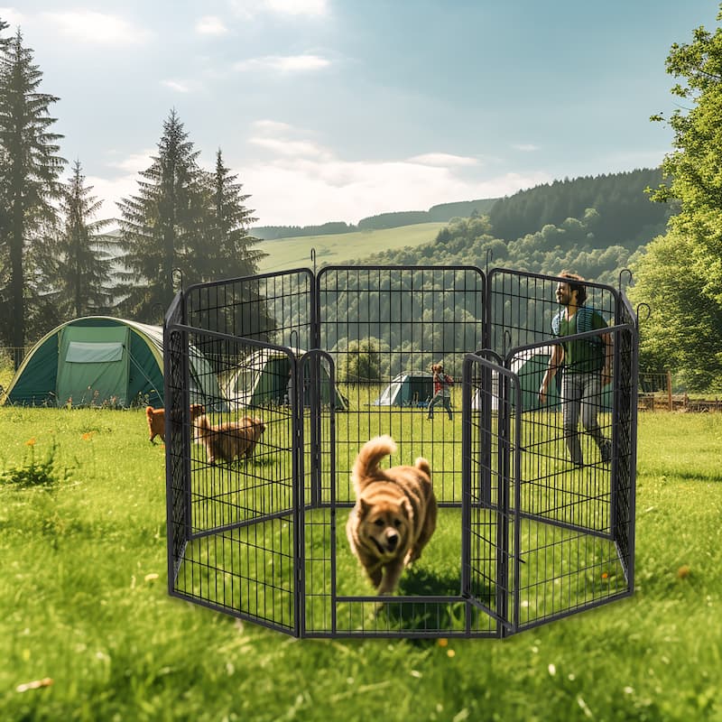 8 Panels Dog Fence Pet Heavy Duty Metal Playpen with door - Black
