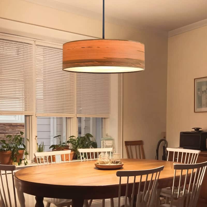 Breaux 5-Light Wood Veneer Drum Chandelier with Black Canopy - 24" Width
