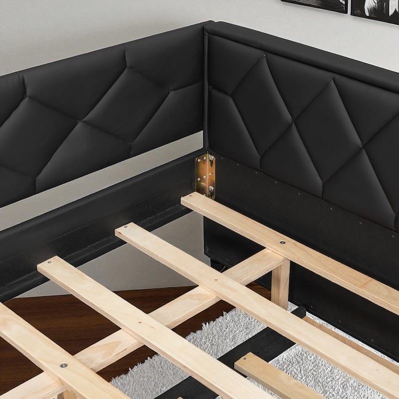 Full XL Upholstered Daybed with Trundle and LED Armrests, PU Leather Sofa Bed with Pull-Out Guest Bed