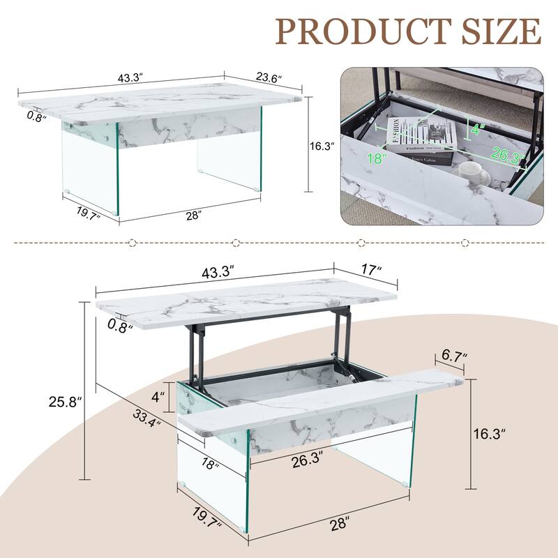 Multifunctional Lift-Top Coffee Table with Tempered Glass Legs, Rectangular Living Room Table 2-Tier Center Table