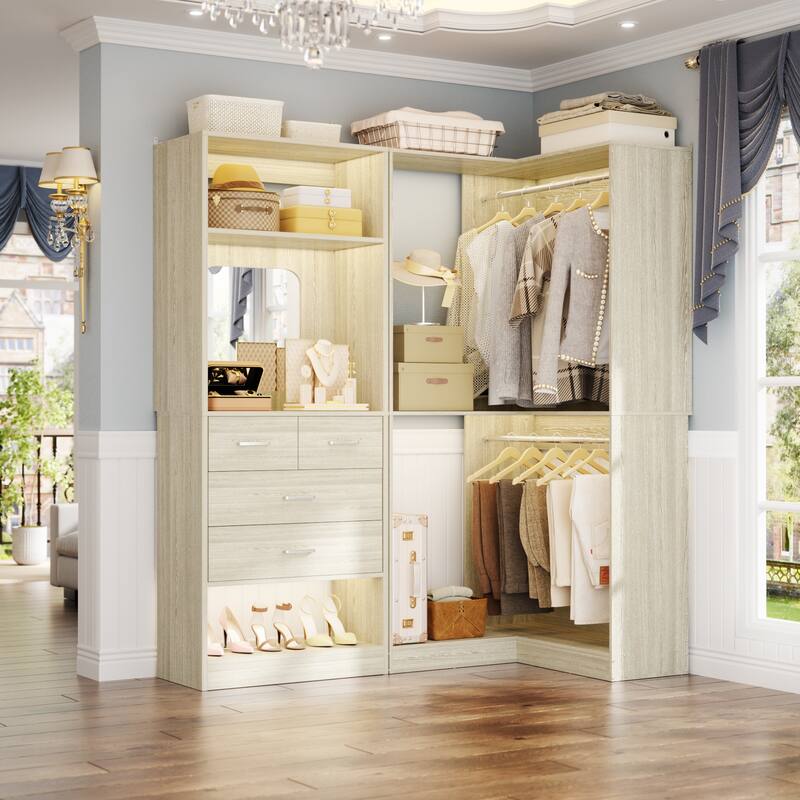 Cimly Set of 2 Corner Closet System with Drawers, Freestanding Closet Organizer with Hanging Rods and Shelves