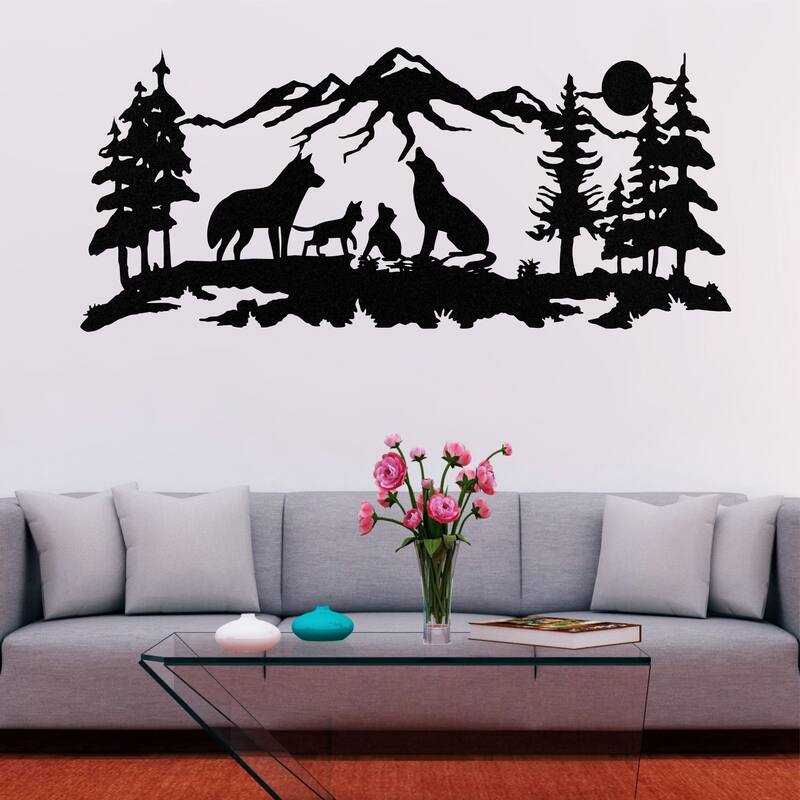 Wolf Family Metal Wall Decor for Home and Outside - Wall-Mounted Geometric Wall Art Decor - 30X13