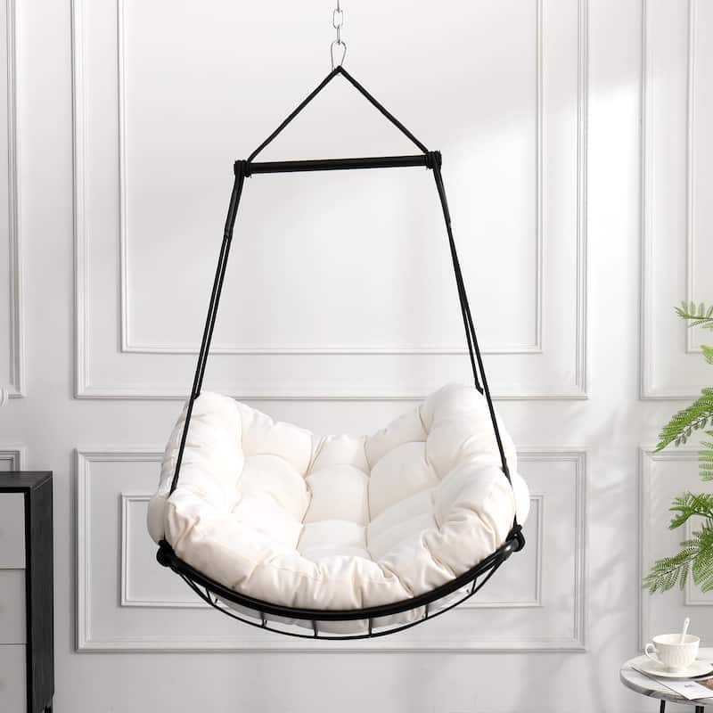 Luxury Hammock Chair Swing with Oversized Plush Cushion, Swivel Indoor/Outdoor Hanging Chair for Patio, Balcony, Bedroom - White