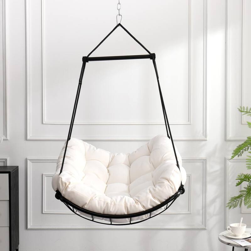 Steel-Frame Hammock Chair Swing with Comfort Cushion - Anti-Slip Safety Rings for Indoor/Outdoor Use in Patio, Bedroom, Balcony - Beige