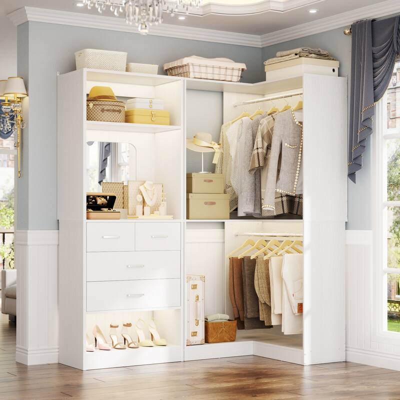 Cimly Set of 2 Corner Closet System with Drawers, Freestanding Closet Organizer with Hanging Rods and Shelves