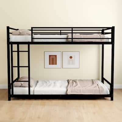 Low Bunk Bed Metal Bed Frame with Guardrail and Ladder
