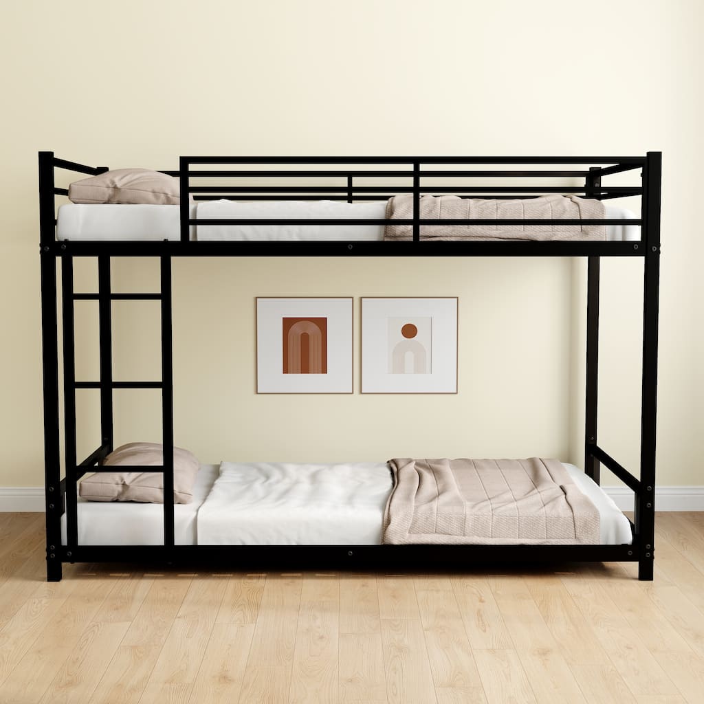 Low Bunk Bed Metal Bed Frame with Guardrail and Ladder