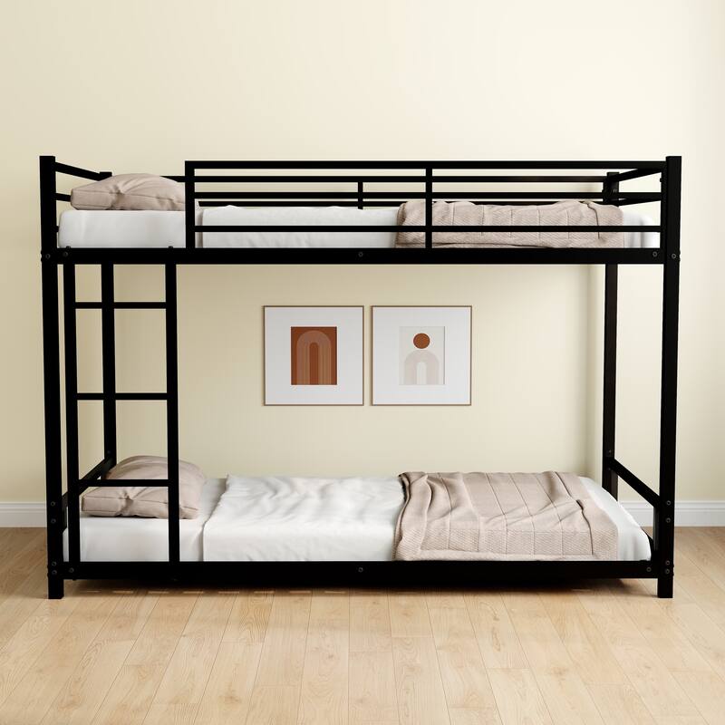 Twin over Twin Metal Bunk Bed with Safety Guardrail, Sturdy Construction, No Box Spring Needed