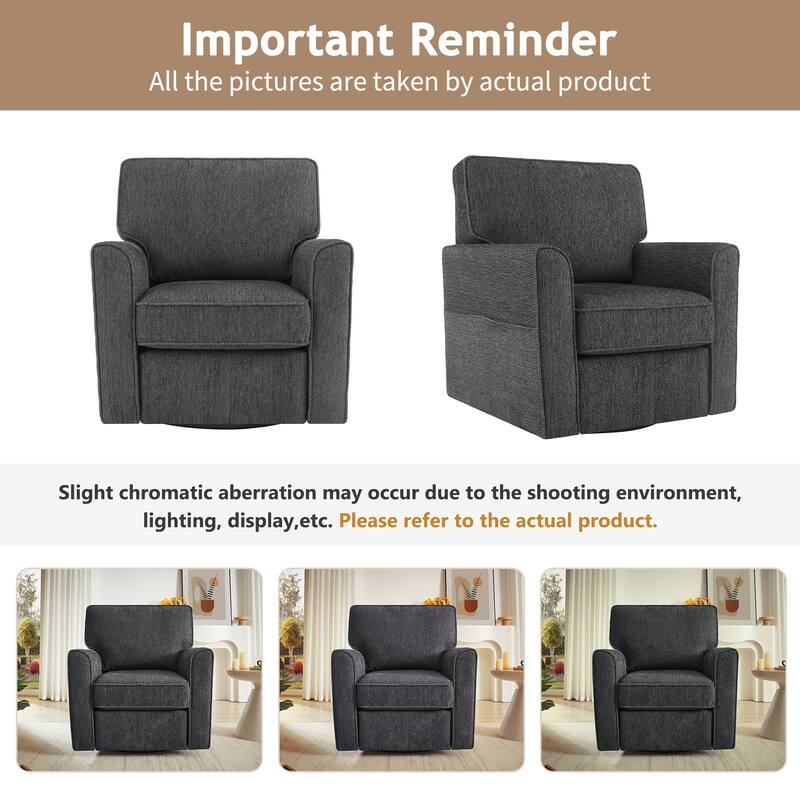 Chenille 360° Swivel Barrel Chair with Side Pockets, Ergonomic Support, and Removable Cushions