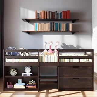 Twin size Low Loft Bed Kids Bed with Two Shelves and Two Drawers Solid ...