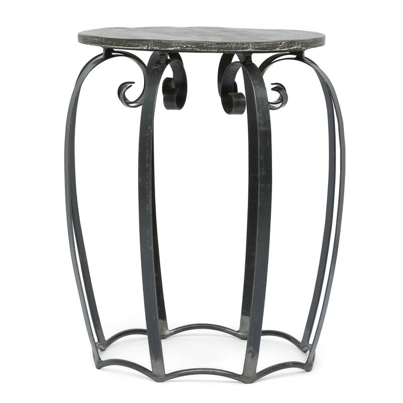 Side End Table, Gray Iron Frame, Round Brown Mango Wood Top, 21 Inch
