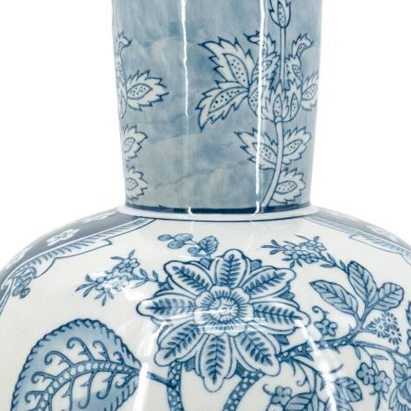 17" Light Blue And White Floral Round Porcelain Table Vase - 8.10