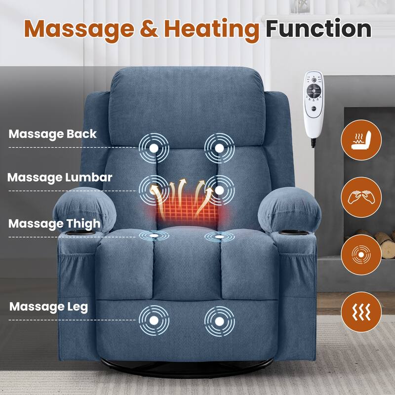 Swivel Rocker Recliner Chair with Vibration Massage & Heat, USB Port & Cup Holders for Living Room