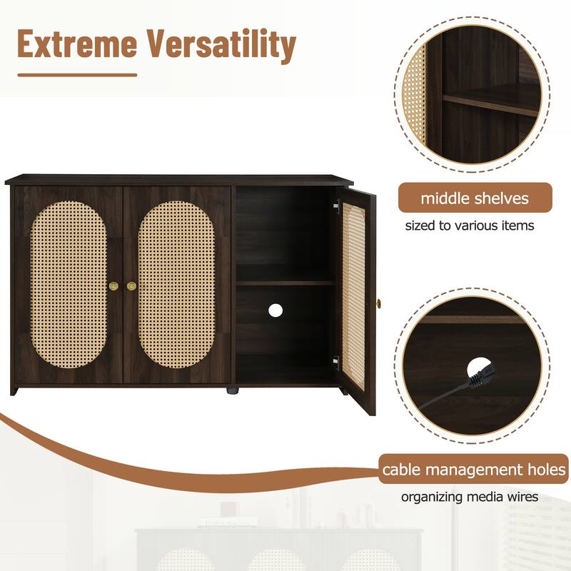 Buffet Cabinet with Artificial Rattan Doors, 3-Door Sideboard Cabinet with Shelves, Coffee Bar Cabinet with Metal Handles