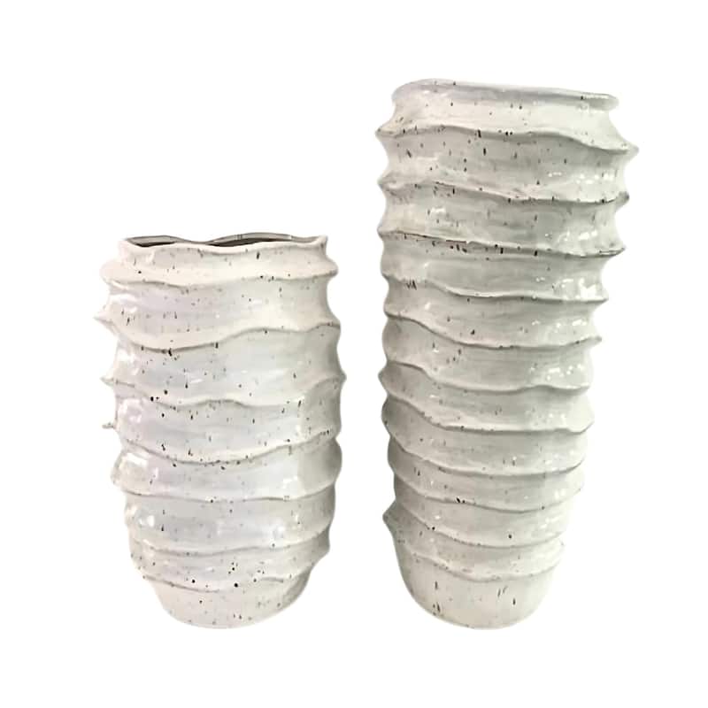 Set of Two Tall Creamy Grooved Ceramic Vases