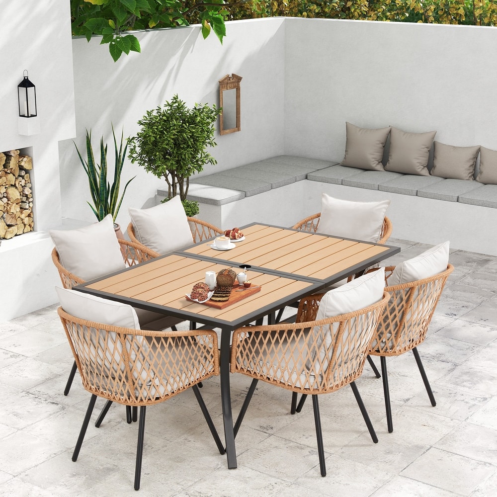 Erommy 7 Piece Outdoor Dining Set with Umbrella Hole, Patio Table and 6 Rattan Chairs with Cushions, Weather-Resistant Furniture