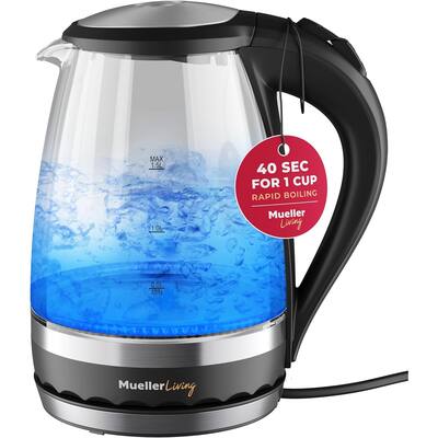 MuellerLiving Electric Glass Kettle 1.5L 1500W LED Light, Automatic Shut-Off with SpeedBoil Tech and Boil-Dry Protection - 1.5 L