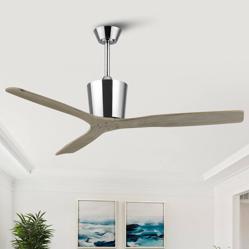 54" Modern Gold Solid Wood 3-Blade Indoor Outdoor Ceiling Fan with Remote, No Light - Chrome