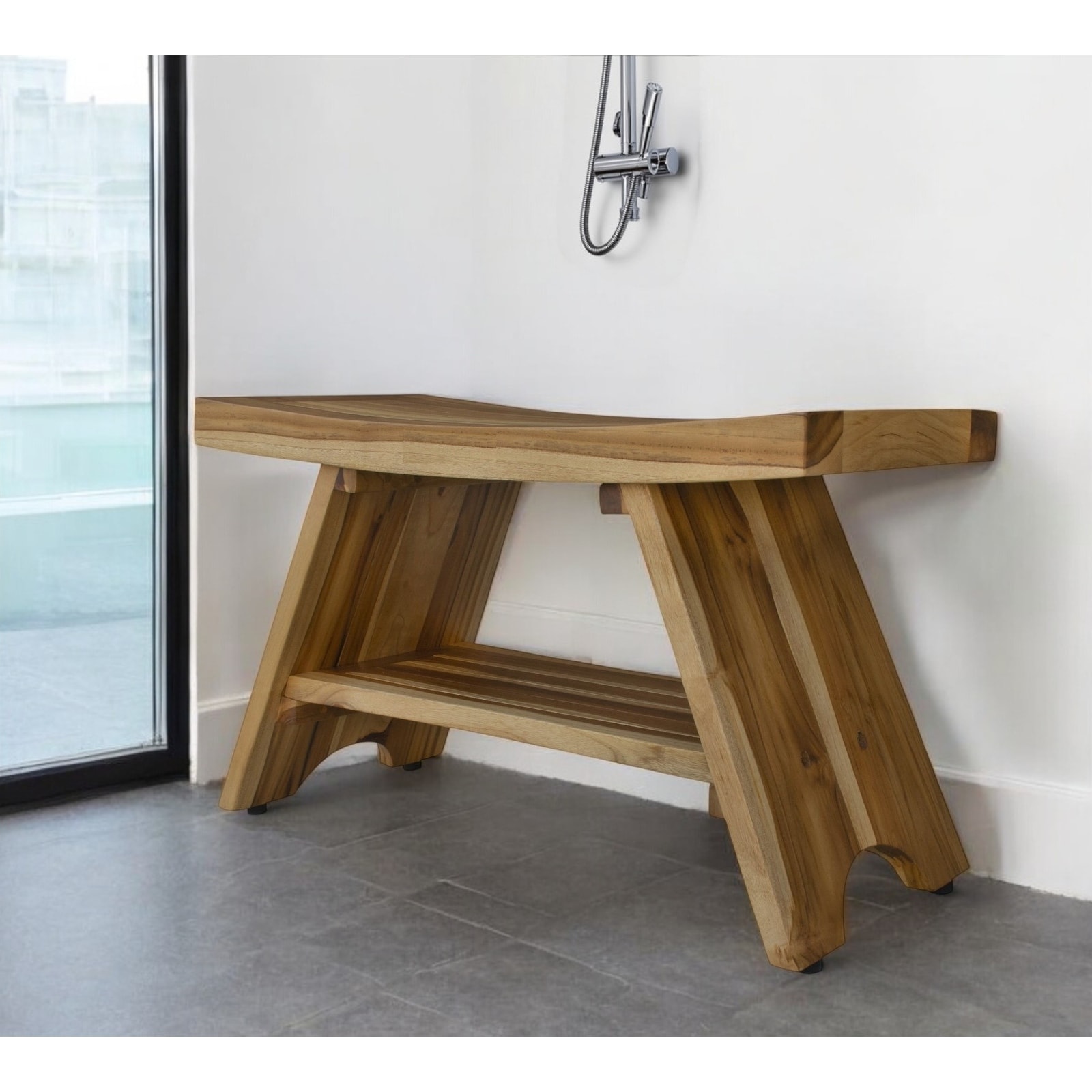 35" Teak Rectangular Shower Outdoor Bench With Shelf In Natural Finish