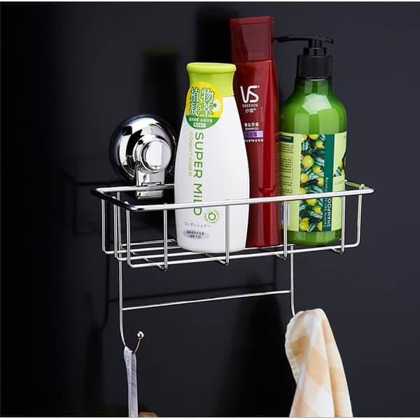 Vacuum Suction Cup Bathroom Kitchen Storage Basket with 2 hooks Stainless  Steel Hook Holder Organizer - Bed Bath & Beyond - 28624400