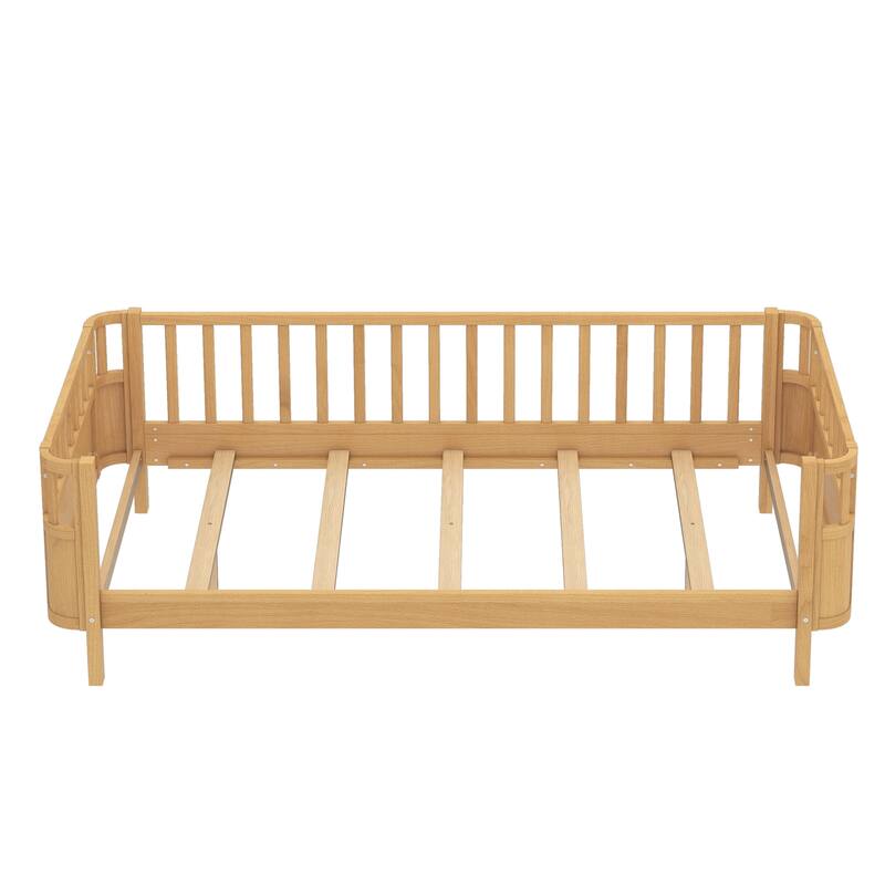 Multi Size Low Platform Bed for Kids with Rounded Corners Guardrails, Detachable Right-side Fence and Open Left-side Design