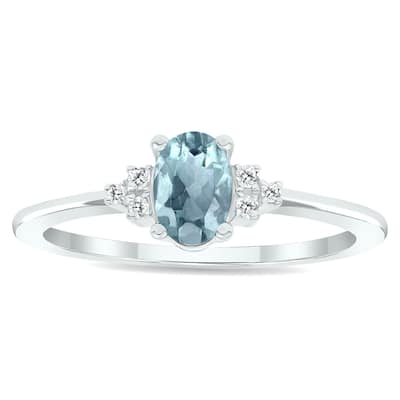 Women's Aquamarine and Diamond Half Moon Ring in 10K White Gold