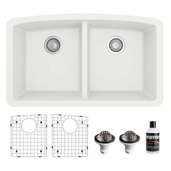slide 2 of 60, Karran Undermount Quartz 32 in. 50/50 Double Bowl Kitchen Sink Kit White