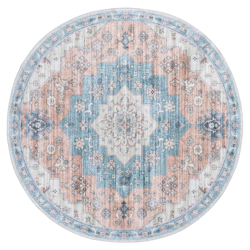 SAFAVIEH Arizona Aureliana Machine Washable & Slip Resistant Rug - Light Brown/Teal - 6' Round