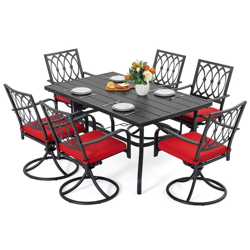 Metal Patio Dining Set with Umbrella Hole, Swivel Chairs with Cushions