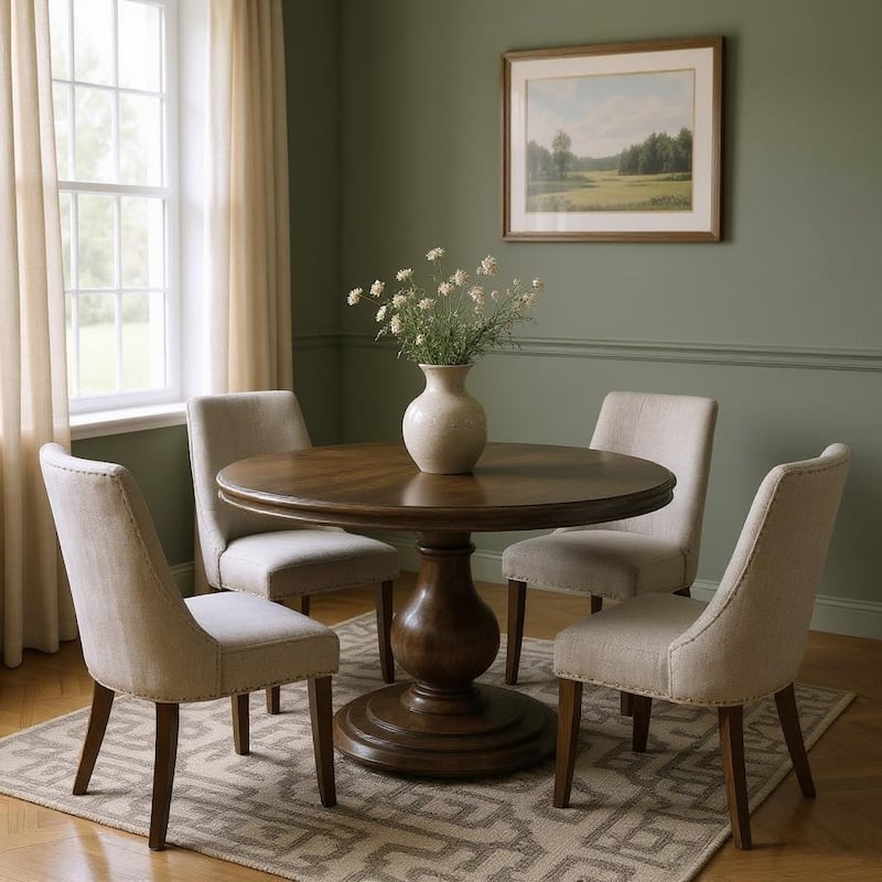 HomeRoots 60" Brown Solid Wood Pedestal Base Round Top Dining Table - 60 in. x 30 in. x 60 in. - 60 in. x 30 in.  x 60 in. - Brown