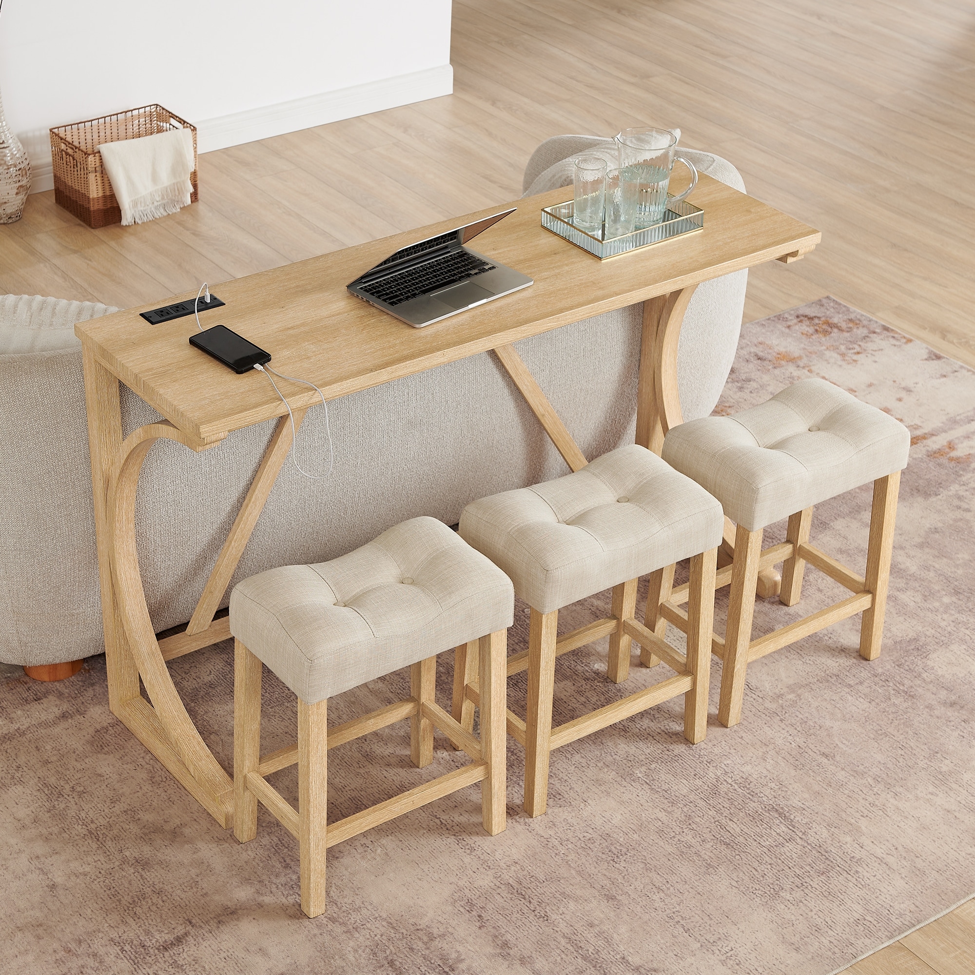 Light Oak Bar Table & Chairs Set with Power Outlet & 3 Upholstered Stools