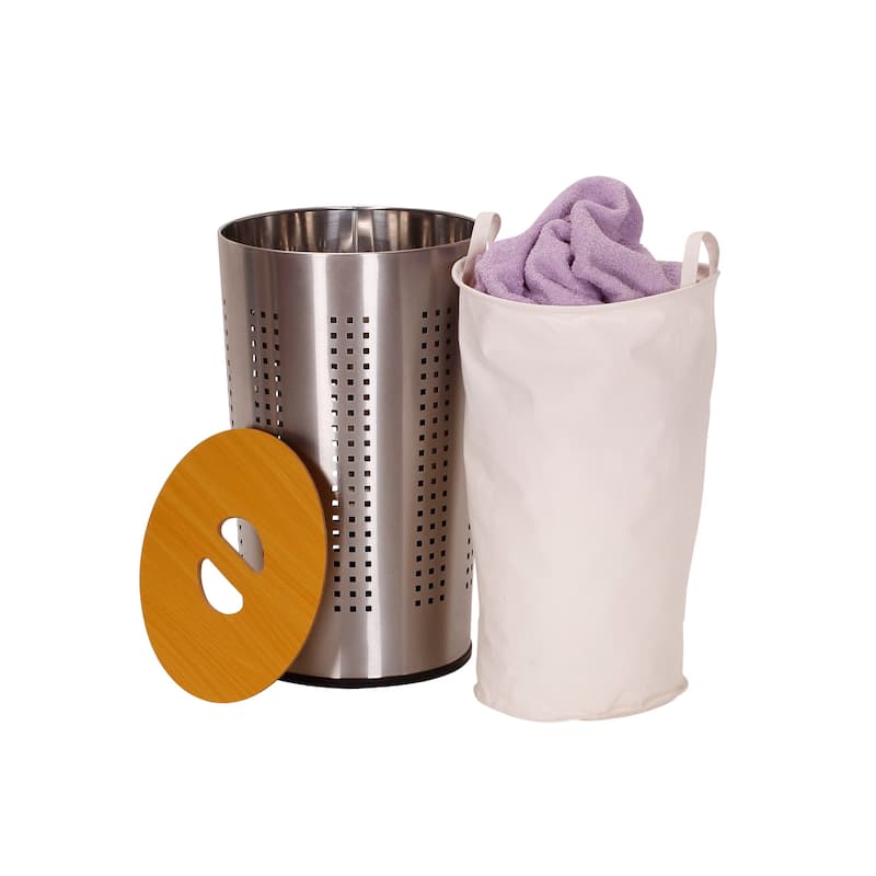Household Essentials Metal Hamper with Engineered Wooden Lid - 22.9"L x 13.8"W x 23.0"H