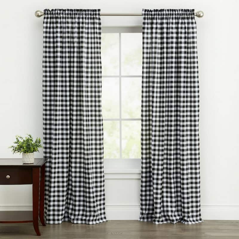 Kate Aurora Country Farmhouse Buffalo Check Plaid Gingham Window Curtains - Black - 42 in. W x 95 in.