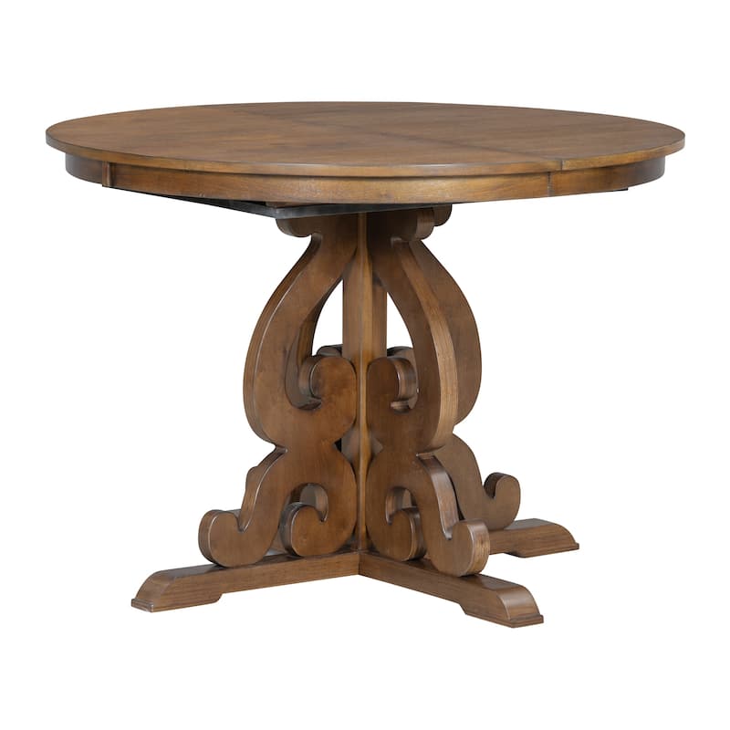Carved Hollowed Dining Table Legs, 5-Piece Extendable Dining Table Set, Round (42'') to Oval (58''), 4 Linen Cushions Chairs