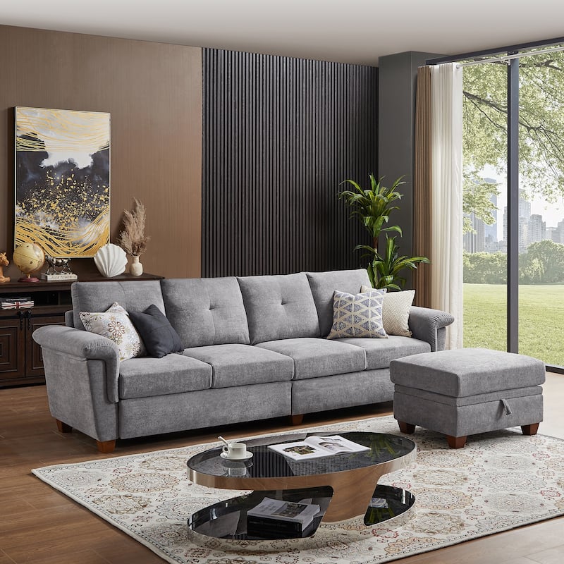 109" Modern 4 Seaters Towelling Sectional Sofa with Hidden Coffee Table Adjustable Headrest and Large Storage Space