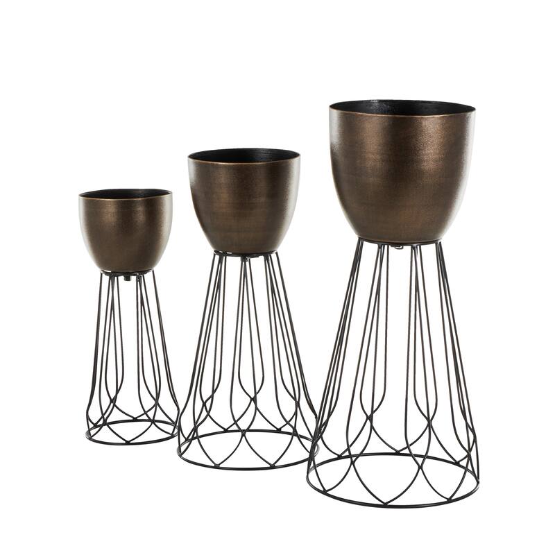 Bronze Metal Textured Indoor Outdoor Planter with Black Wire Cone Shaped Bases (Set of 3)