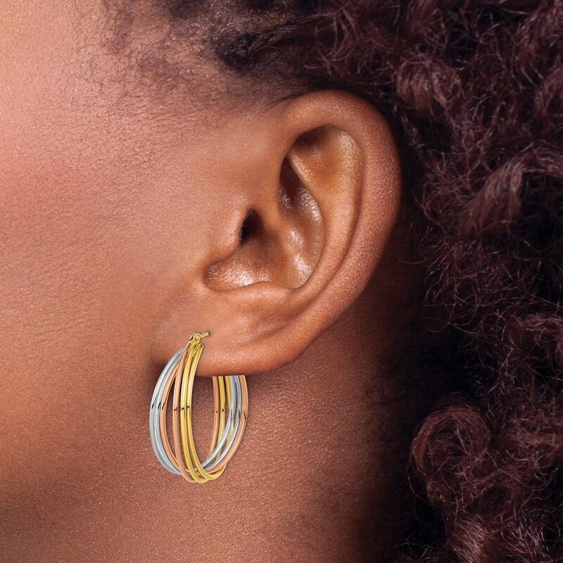Curata 14k Tri color Gold Rolling Ring Tube Hoop Earrings 25.6x6.4mm