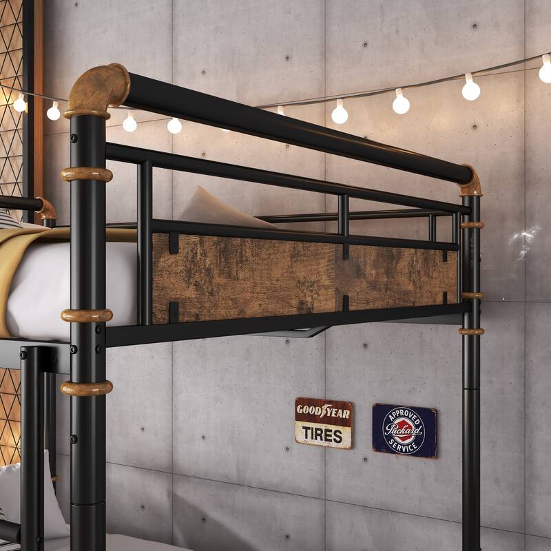 Full over Full Metal Bunk Bed, Industrial Detachable Bunkbeds with Safety Guard Rails for Teens
