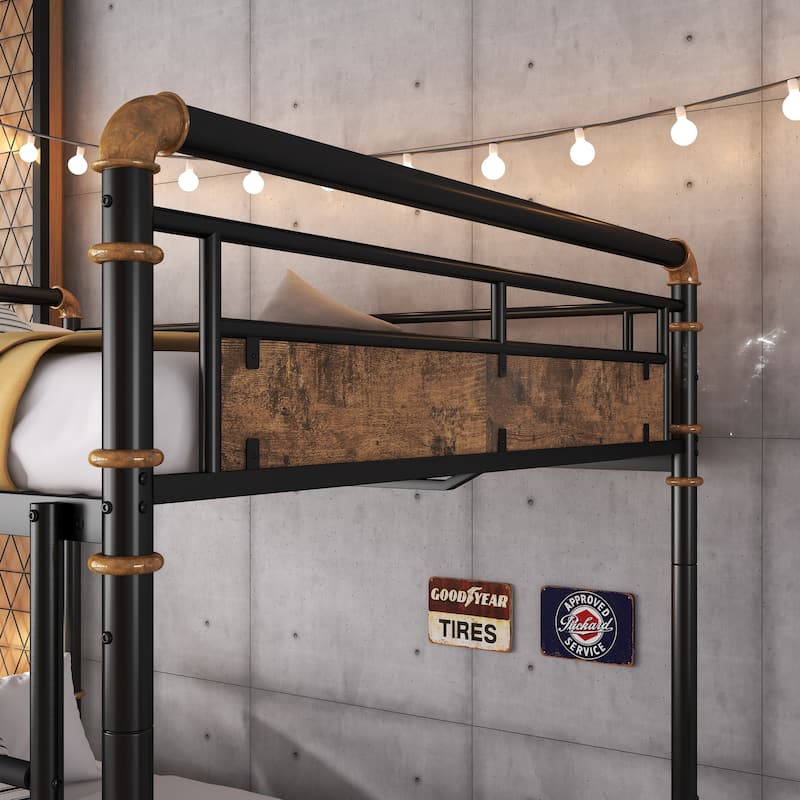 Metal Bunk Bed Retro Bed Frame with Ladder and Guardrail, Industrial Detachable Bunkbeds Convertible to 2 Platform Beds Frame