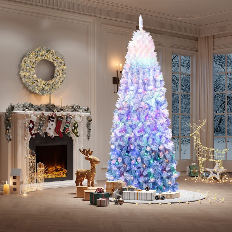 6FT Purple Gradient Pencil Christmas Tree – Prelit with 100 Dual Color LEDs, Snow Flocked, 320 Branch Tips,Metal Stand - 7.5 Foot - White & Blue