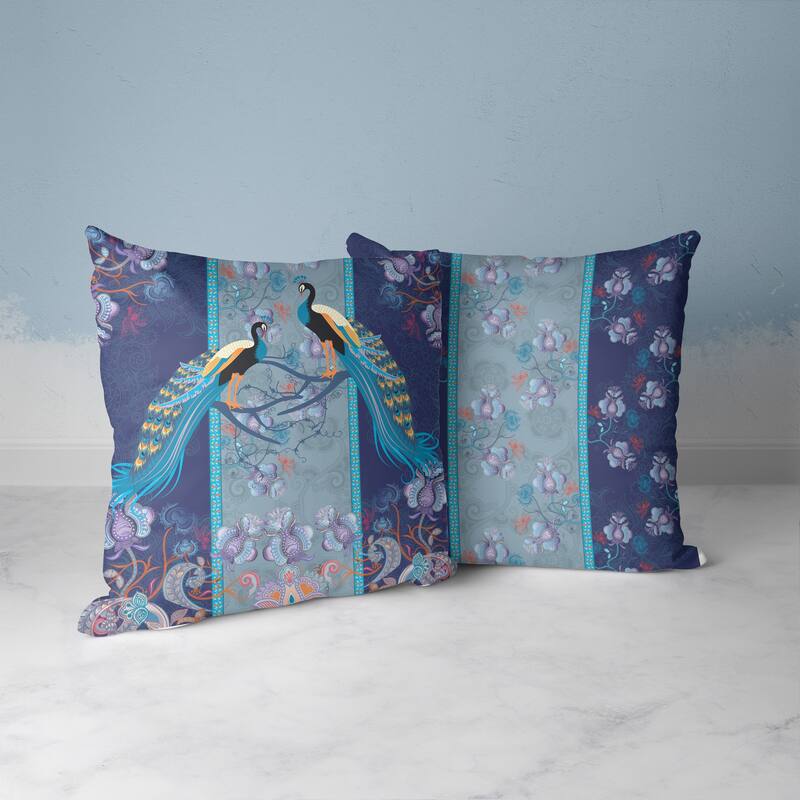 Enchanted Peacock Indoor/Outdoor Throw Pillow Cover in Indigo 16x16