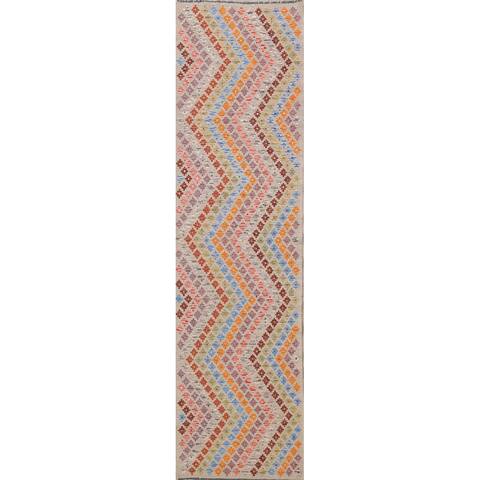 Geometric Kilim Oriental Wool Runner Rug Hand-woven Hallway Carpet - 2'8" x 9'8"