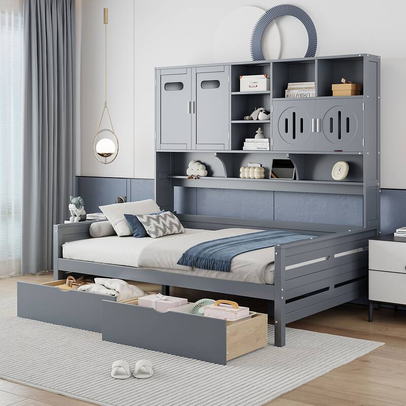 Contemporary Twin/Full Size Wooden Daybed with 2 Storage Drawers, Cabinet, and Shelf - Solid Wood Slats