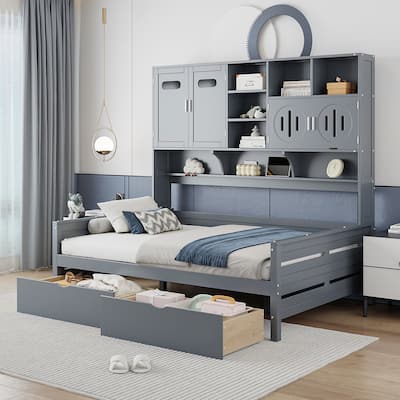 Gray Full Size Wooden Daybed with Drawers and Cabinet